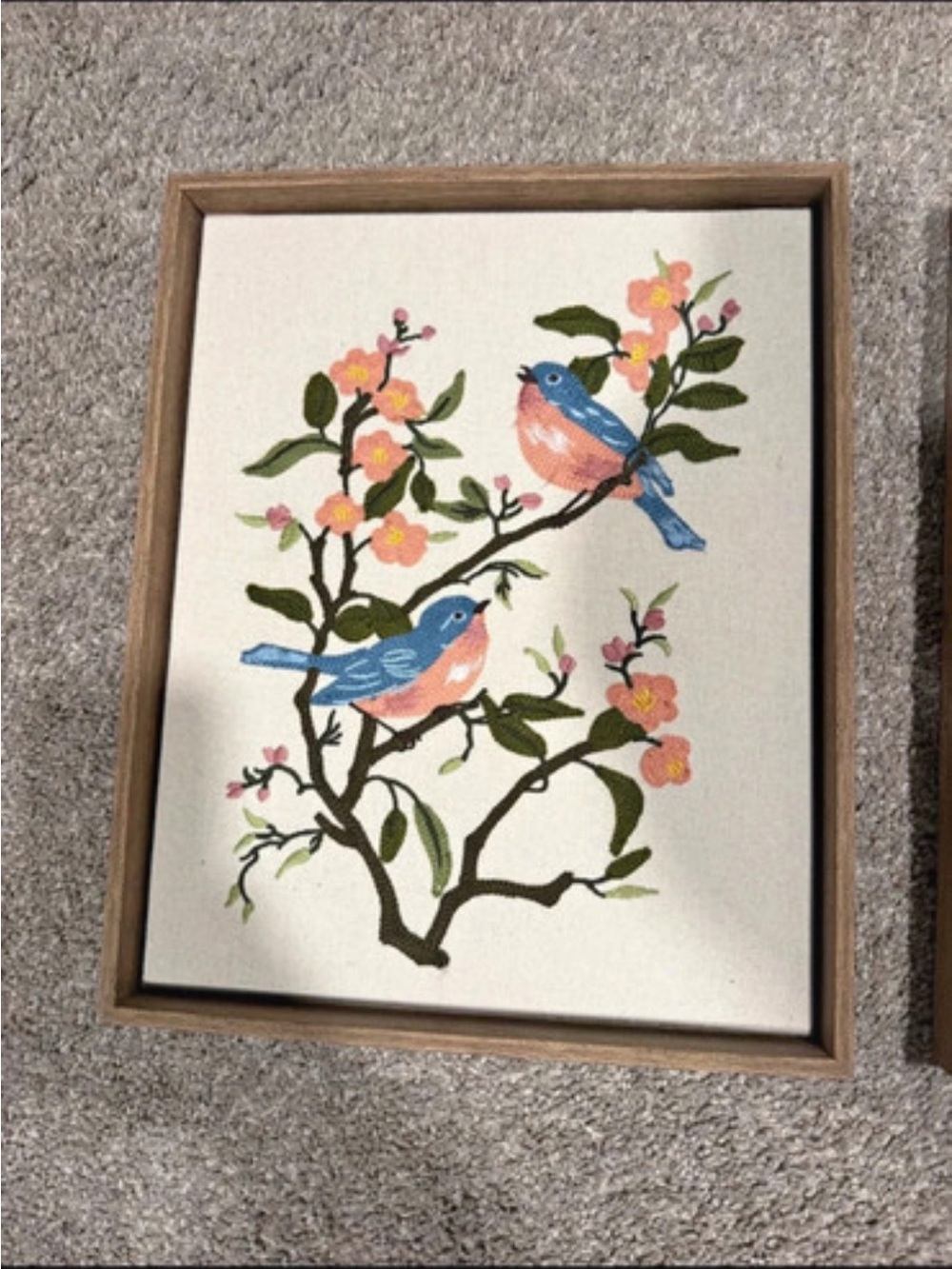 Blue and Pink embroidered Songbirds Floral Wall Art Print